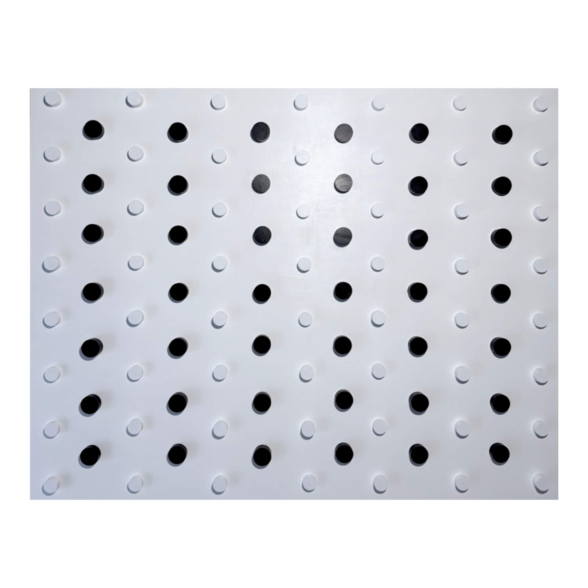 Abstract black and white dot wall sculpture on acrylic and wood, featuring a rhythmic grid of raised circular forms with high contrast geometry, contemporary minimalist artwork by Lisa Quinn for modern interiors.