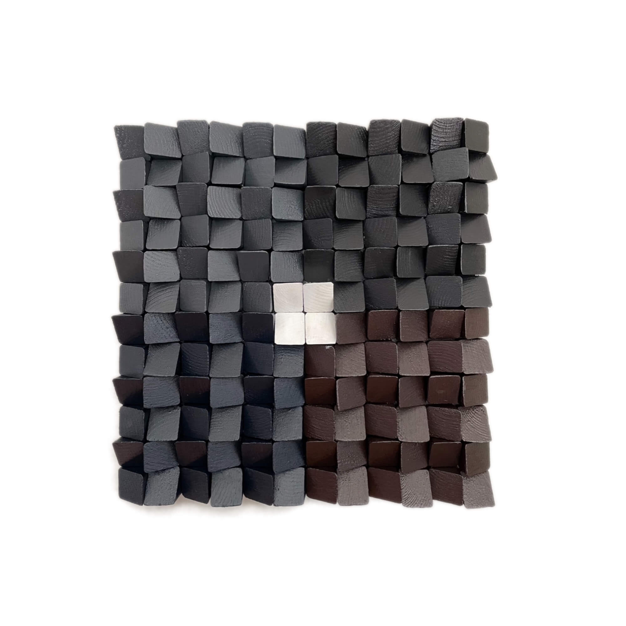 Modern abstract wall sculpture made from hand-carved wooden cubes in tonal blacks, grays, and soft neutrals, arranged in a slanted geometric composition with depth and shadow, sculptural art by Lisa Quinn.